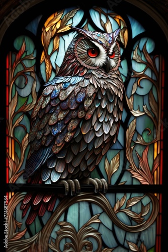 AI generated illustration of a majestic owl perched on a colorful stained glass panel