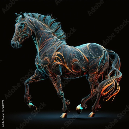 AI generated illustration of a neon running horse against a black background
