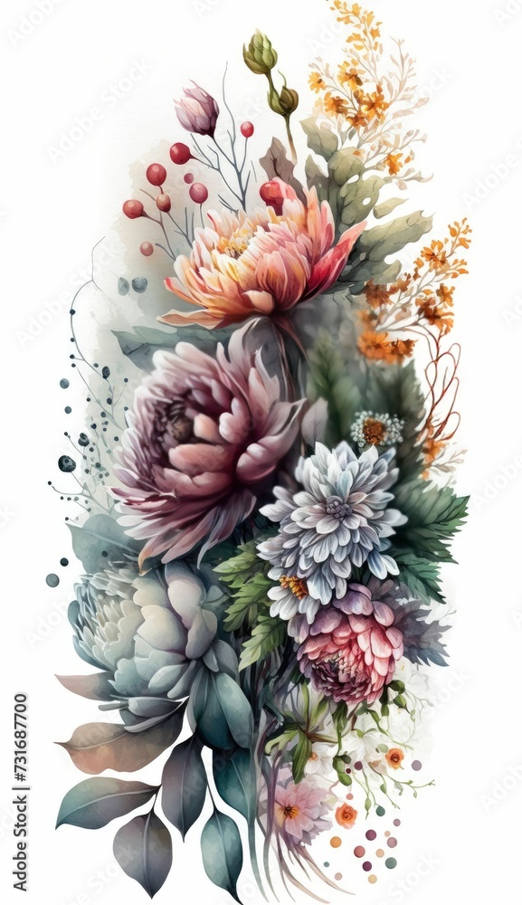 AI generated illustration of various colorful flowers and foliage set against a white background AI generated illustration of various colorful flowers and foliage set against a white background
