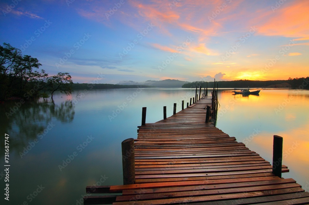 AI generated illustration of a wooden dock extending into a tranquil lake