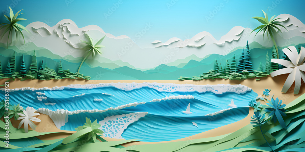 Painting tropical beach beautiful scene with palm trees flowers beach with palm trees boat distance bleu background