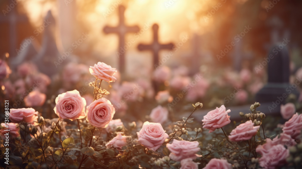 Funeral with pink flower on a cross, in a cemetery, with a vintage filter - obrazy, fototapety, plakaty 