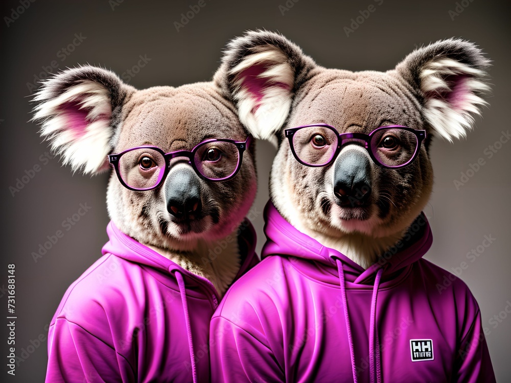 Two koalas dressed in purple with glasses on