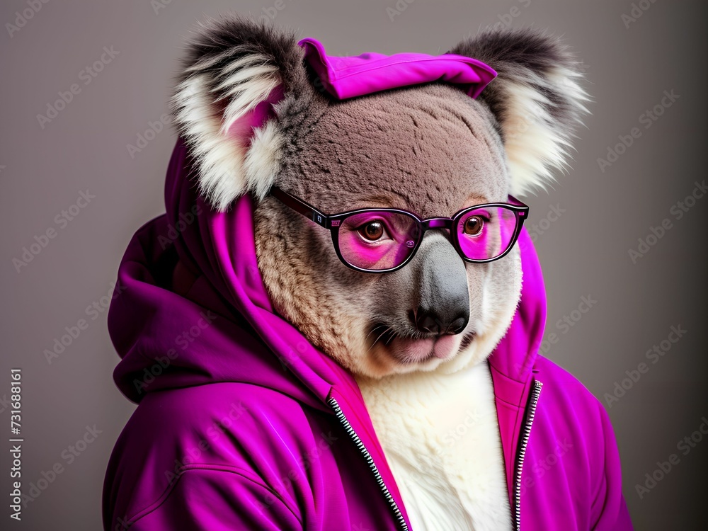Single koala wearing purple with glasses on