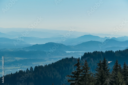 Fototapeta Naklejka Na Ścianę i Meble -  Scenic morning view from Dreilaendereck on Pyramidenkogel and Kathreinkogel in Karawanks in Carinthia, Austria. Borders between Austria, Slovenia, Italy. Looking at Rosental valley