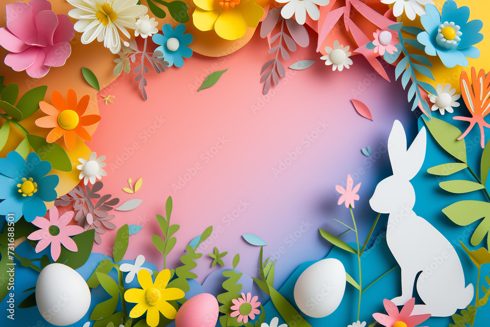 
paper cut style easter greeting card border frame with bunny, flowers and eggs. bold colorful colors