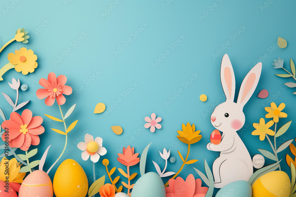 Obraz premium paper cut style easter greeting card border frame with bunny, flowers and eggs. bold colorful colors