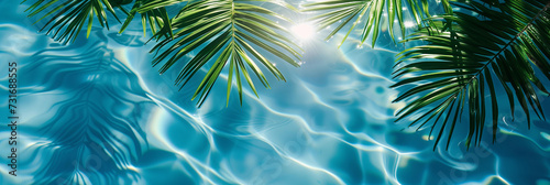  palm leaves floating on rippled blue water with sun glares