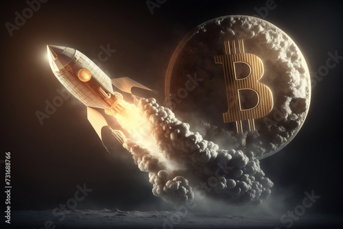 AI generated illustration of a large bitcoin flying in sky, with a rocket taking off in foreground photo