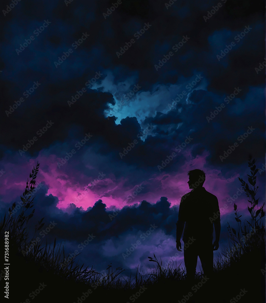Male silhouette against the background of thunderclouds