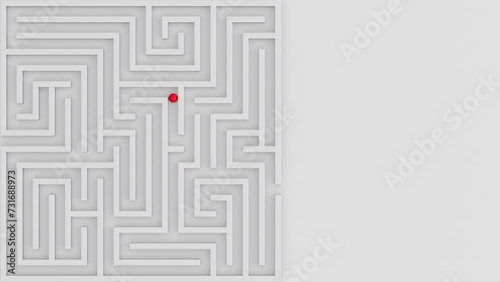 Ball rolls through the maze top view to the exit. Geometric labyrinth concept idea.  Escape from maze.