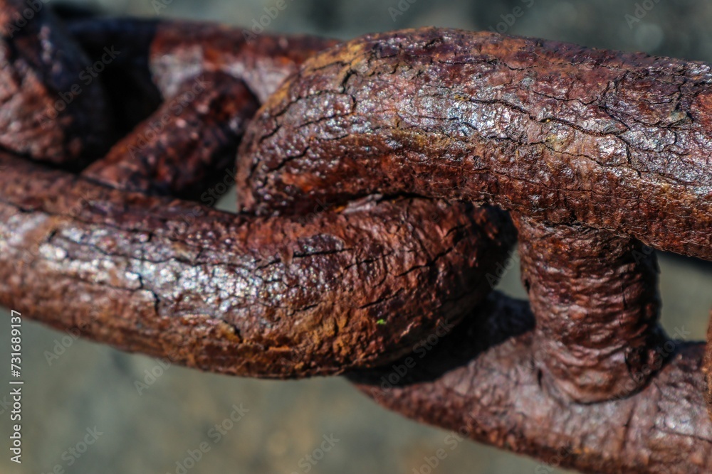 Closeup shot of an old metallic rusty chain link Closeup shot of an old metallic rusty chain link