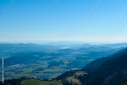 Scenic morning view from Dreilaendereck on Pyramidenkogel and Kathreinkogel in Karawanks in Carinthia, Austria. Borders between Austria, Slovenia, Italy. Looking at Rosental valley