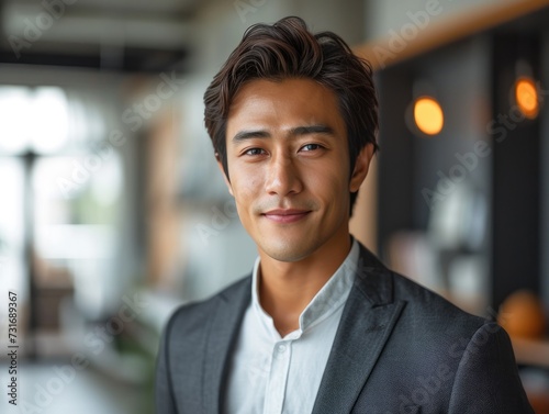 Portrait of handsome smiling businessman with suit in office background