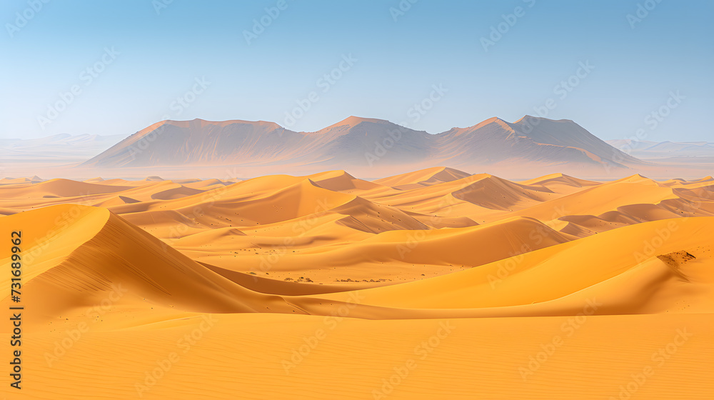 A vast desert, with dunes stretching into the horizon as the background, during a scorching midday