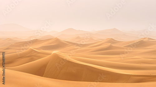 A vast desert, with dunes stretching into the horizon as the background, during a scorching midday