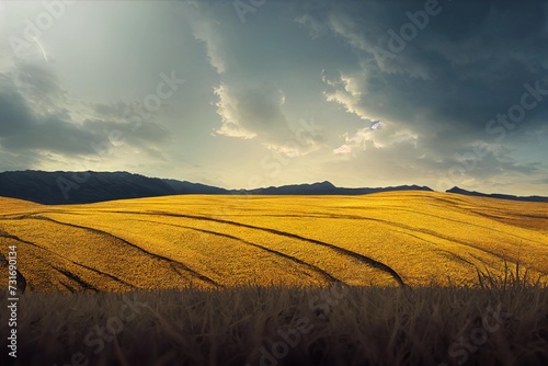 Ai generated picturesque landscape featuring a wide expanse of lush yellow grass covering hills