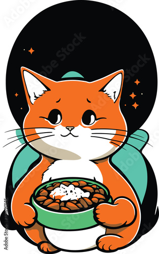 Vertical vector illustration of a cute ginger cat having a meal photo