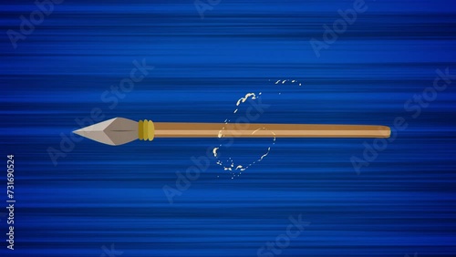 Flying spear on blue background. Looped animation of athletics javelin throw. Moving spear on dynamic abstract background. Animated lance in motion. Anime style drawing of weapon with action effect.