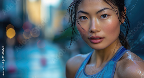 a young Asian woman is posing for an outdoor run
