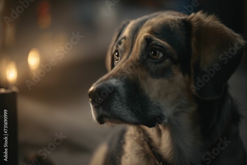 AI generated illustration of An adorable dog sitting in a dark setting, looking into the distance photo