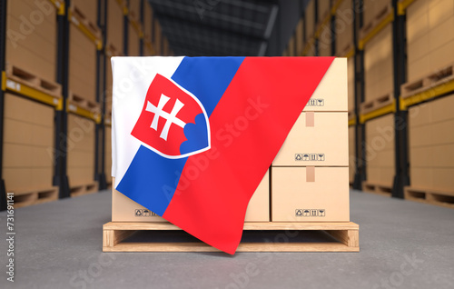Crate boxes on wooden pallets with Slovakia flag, Cartons Cardboard Boxes in the warehouse. 3D illustration