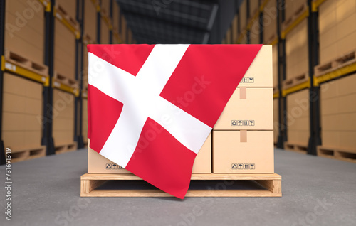 Crate boxes on wooden pallets with Denmark flag, Cartons Cardboard Boxes in the warehouse. 3D illustration