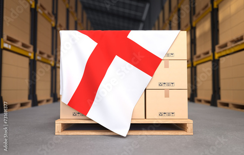 Crate boxes on wooden pallets with England flag, Cartons Cardboard Boxes in the warehouse. 3D illustration
