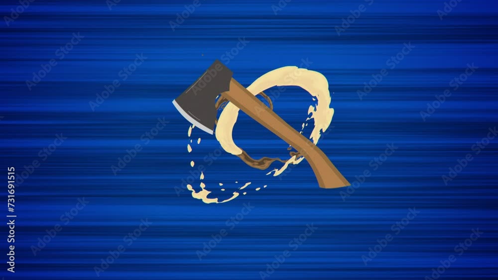 Flying axe on blue background. Looped animation of throwing ax. Moving