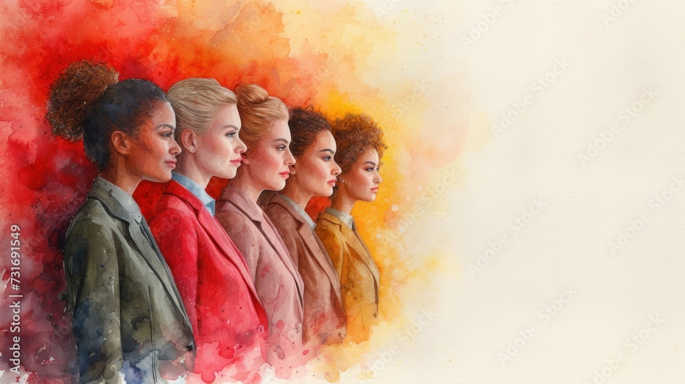 Watercolor side profiles of five diverse women with a dynamic fiery watercolor backdrop in red to yellow hues