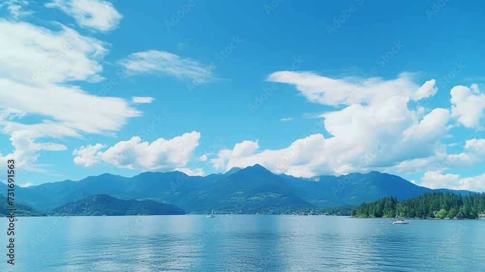 Establishing shot of ocean view with mountains, blue sky and white clouds in slow motion at summer day in Vancouver, Canada, North America Establishing shot of ocean view with mountains, blue sky and white clouds in slow motion at summer day in Vancouver, Canada, North America
