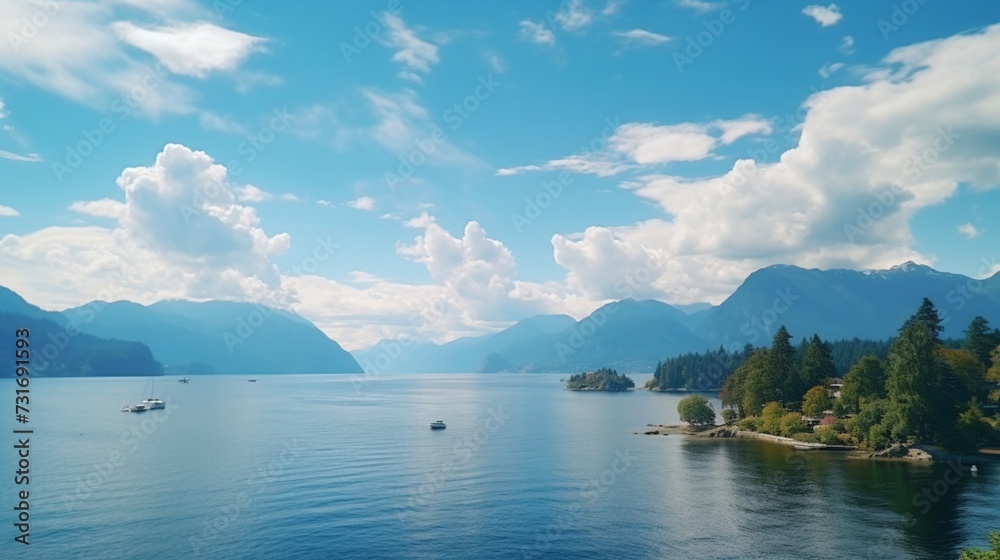 Establishing shot of ocean view with mountains, blue sky and white clouds in slow motion at summer day in Vancouver, Canada, North America 