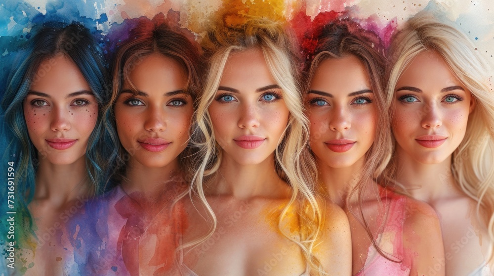 Stunning digital art of five women with a splash of watercolor effects in a spectrum of vibrant hair colors