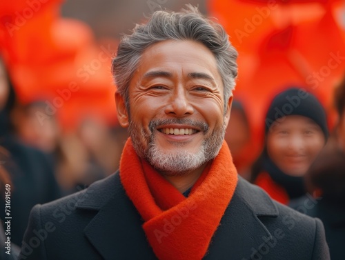 Portrait of handsome smiling businessman with suit in office background photo