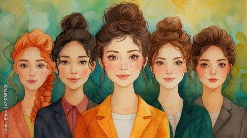 Watercolor illustration of five women with distinctive hairstyles and business suits against a soft multicolored background