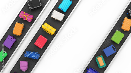 Multicolored luggage on conveyor belt top view. Airport ravel suitcases and baggage concept.