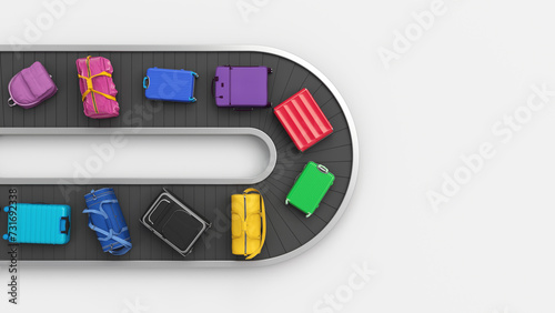 Airport baggage claim multicolored concept. Top view of the luggage colorful set.