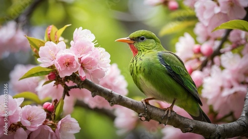 Beautiful green bird sitting on a branch of sakura in spring.