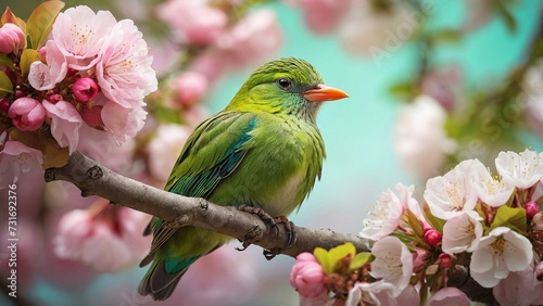 Beautiful green bird sitting on a branch of sakura in spring.