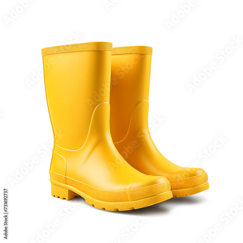 Yellow rain rubber boots isolated on a white background. Generative AI.
