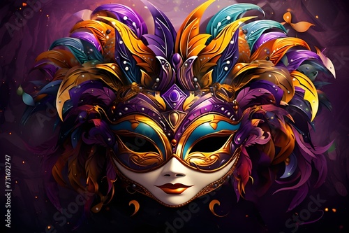 Venetian carnival mask gold color colored feathers happy carnival festival party woman face mask on dark