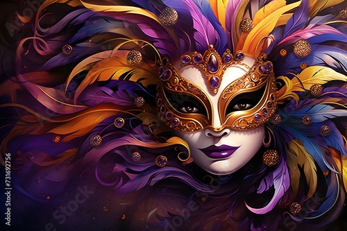 Venetian carnival mask gold color colored feathers happy carnival festival party woman face mask on dark