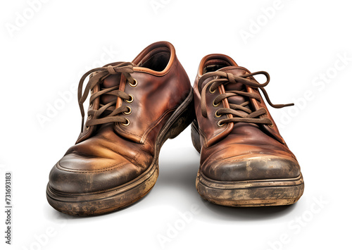 Pair of an old worn out shoes isolated on a white background. Generative AI.