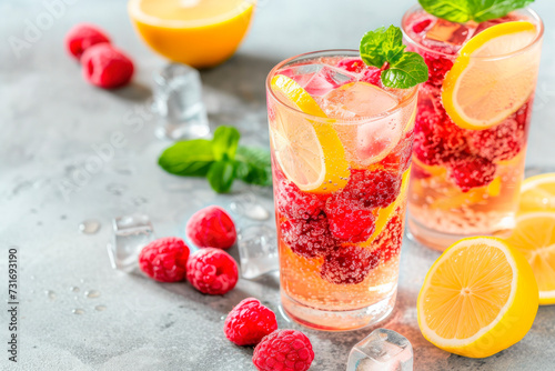 refreshing summer drink with berries and ice and lemon