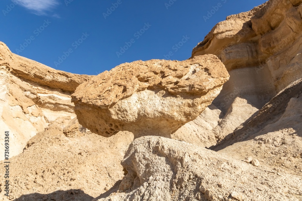 Mushroom-shaped sandstone rock formations in Gouda Mountains near Judah, Saudi Arabia