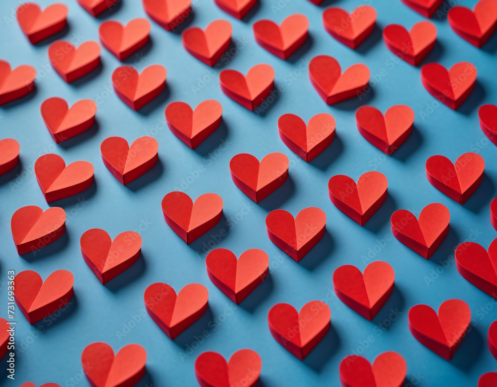 Valentine s day background made of many different paper hearts on a blue soft background.