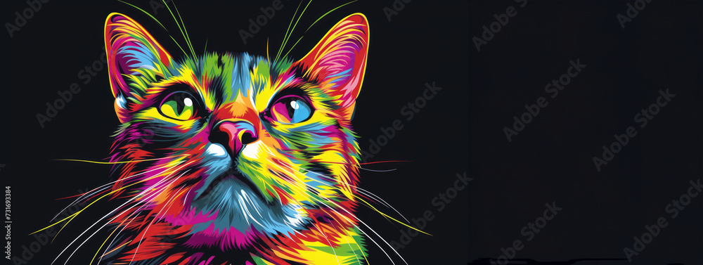 cat in vibrant colour vibes. abstract background with cat. cat face with paint splash art. Colorful cat with abstract floral background. Vector illustration for your design