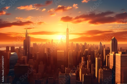 Modern City Skyline at Sunset: A breathtaking panoramic view of a cityscape with towering skyscrapers illuminated by the warm hues of the setting sun.