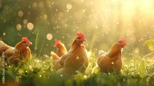 A banner with chickens in the grass. Background with four brown chickens in a meadow, copy space photo