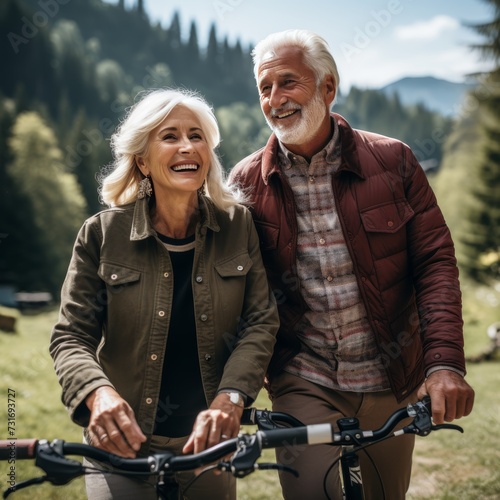 Elderly couple in sportswear enjoying scenic bike ride on sunny morning in the mountains © sergo321